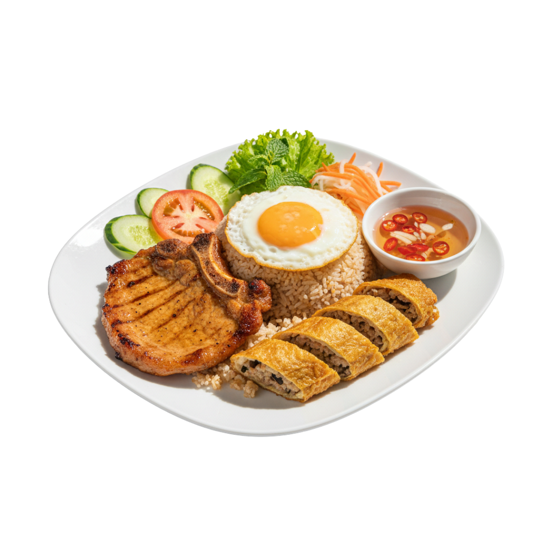 Cơm Tấm Sườn Tàu Hủ Ky $16.99 Broken Rice with Grilled Pork Chop