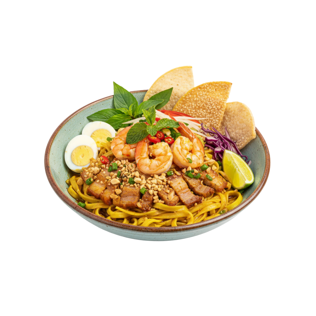 Mì Quảng $15.99 Yellow Rice Noodle with Pork & Shrimp