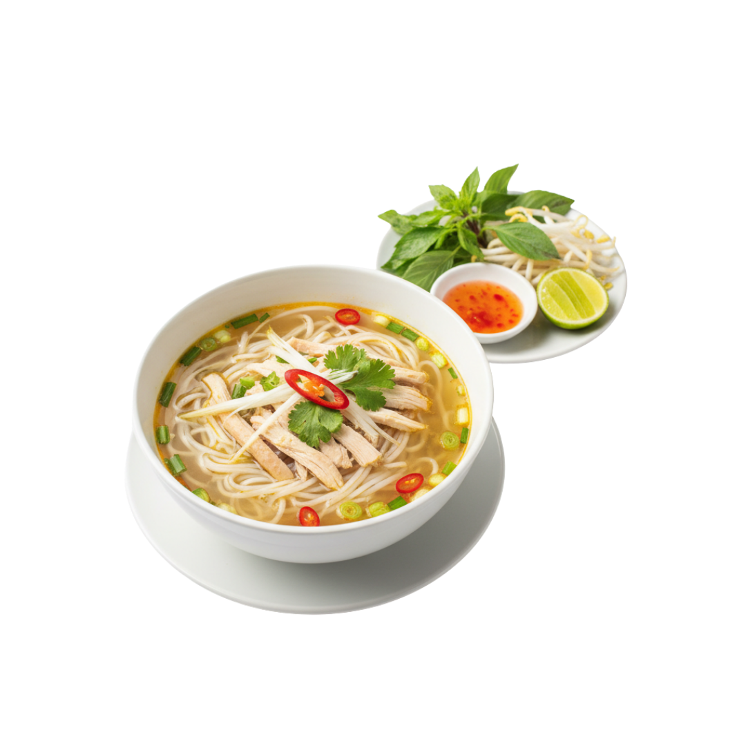 Phở Gà Mỷ $14.99 Rice Noodle Soup w/ White Meat Chicken